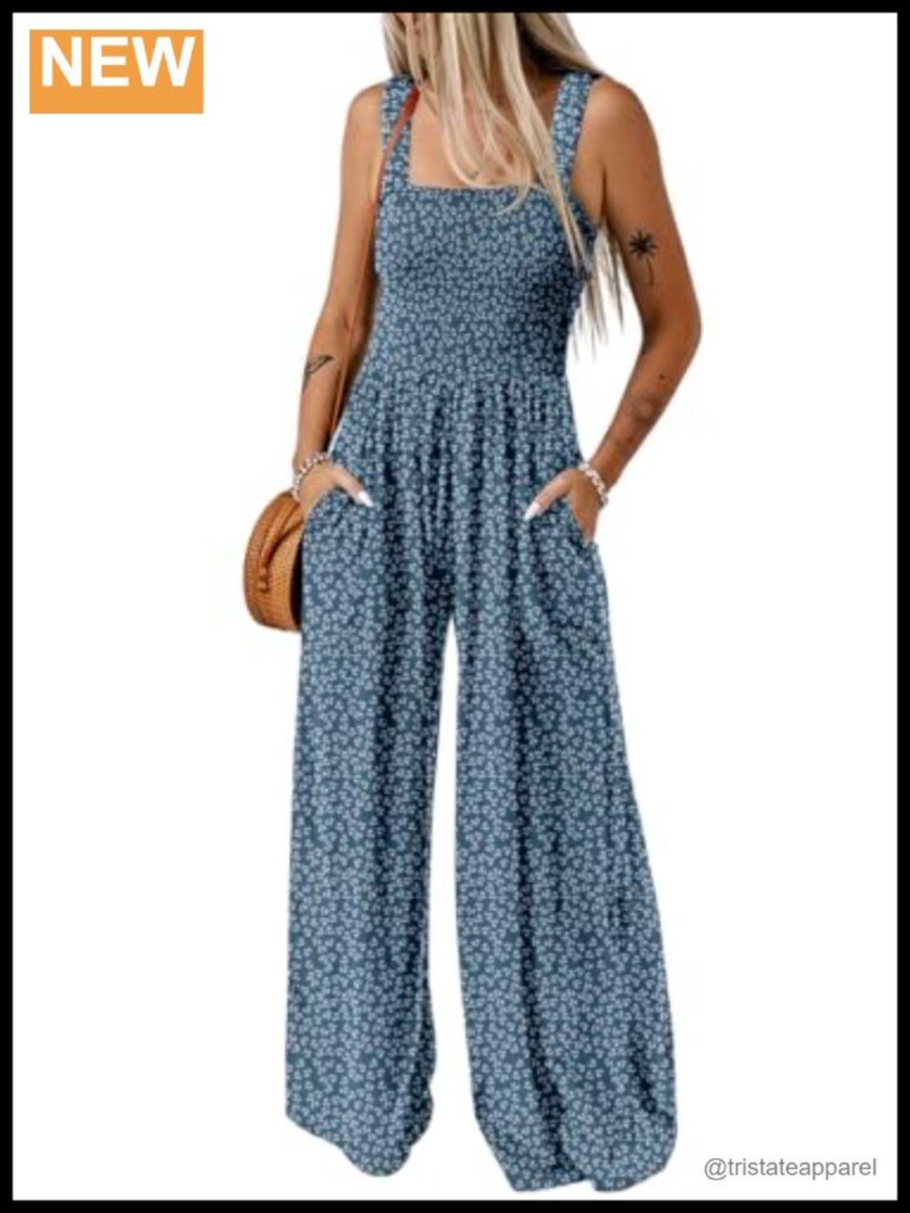 Sleeveless Wide Leg Jumpsuit One Piece Square Neck Pockets Loose Fit Summer